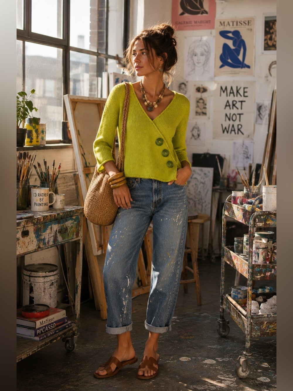 Norm Thompson Vintage Late 90’s-Y2K Lime Green Cotton Wrap Sweater M